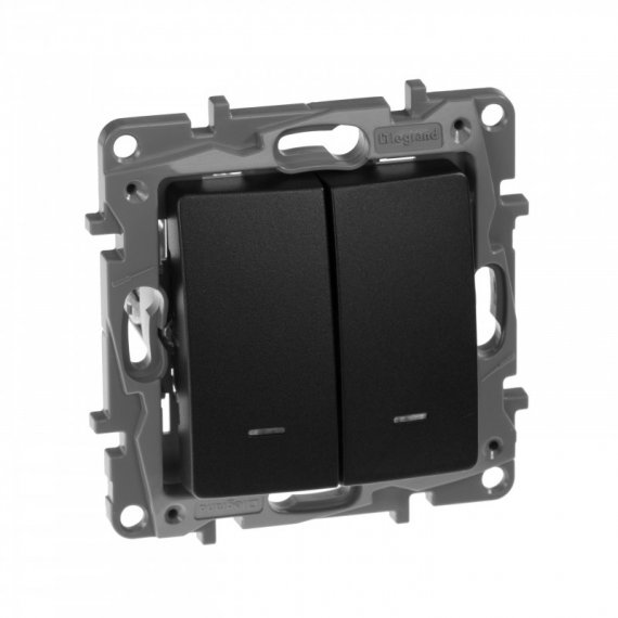 Фотография товара 'Legrand Выключатель двухклавишный с подсветкой/индикацией автоматические клеммы Etika - 10 AX - 250 В 672604'