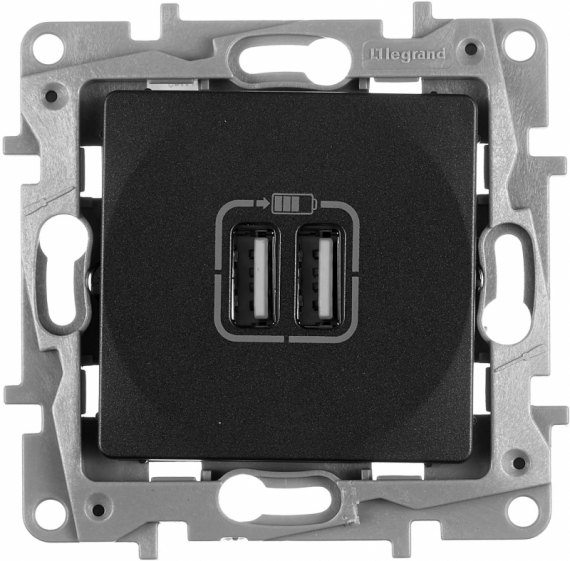 Фотография товара 'Legrand Зарядное устройство с двумя USB-разьемами 240В/5В 2400мА 672694'