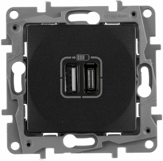 Фотография товара 'Legrand Зарядное устройство с двумя USB-разьемами тип A-тип С 240В/5В 672636'