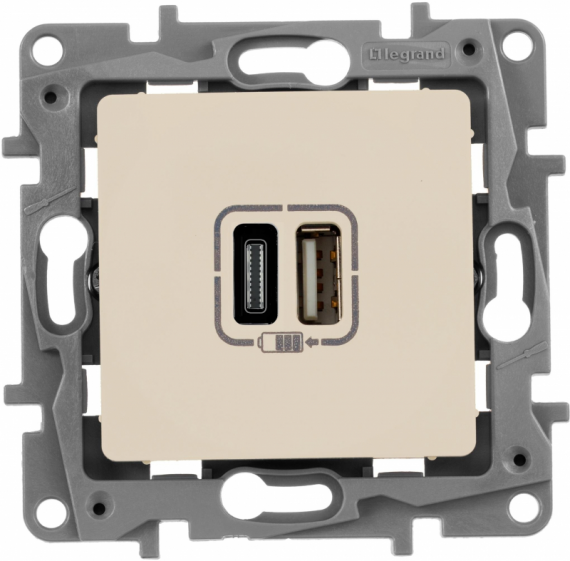 Фотография товара 'Legrand Зарядное устройство с двумя USB-разьемами тип A-тип С 240В/5В 672336'