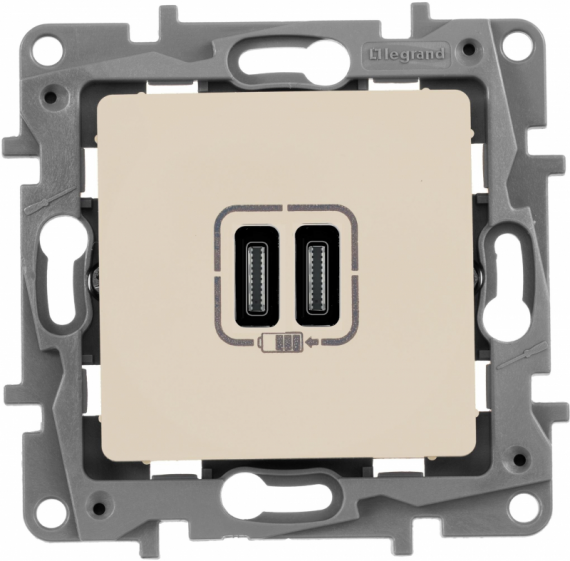 Фотография товара 'Legrand Зарядное устройство с двумя USB-разьемами тип C-тип С 240В/5В 672335'